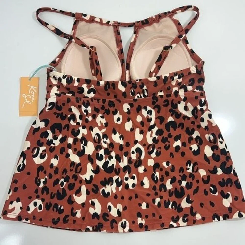 Kona Sol Womens Leopard Print Tankini Top Medium Nylon Spandex Recycled